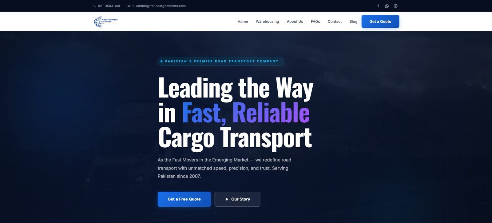 TransCargo Movers website — hero section